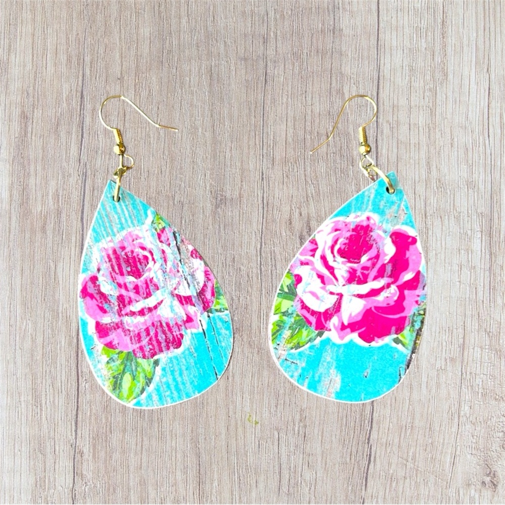 Handmade Turquoise & Pink Floral Teardrop Earrings